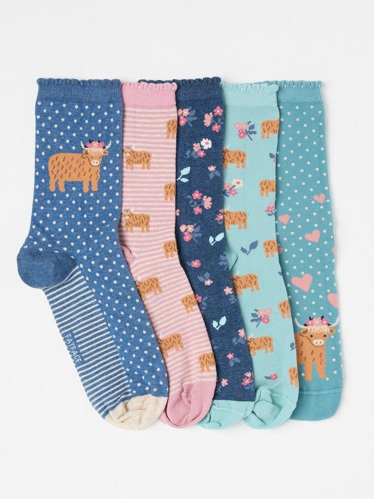 Fat Face Multi 5 Pairs Of Highland Cow Socks