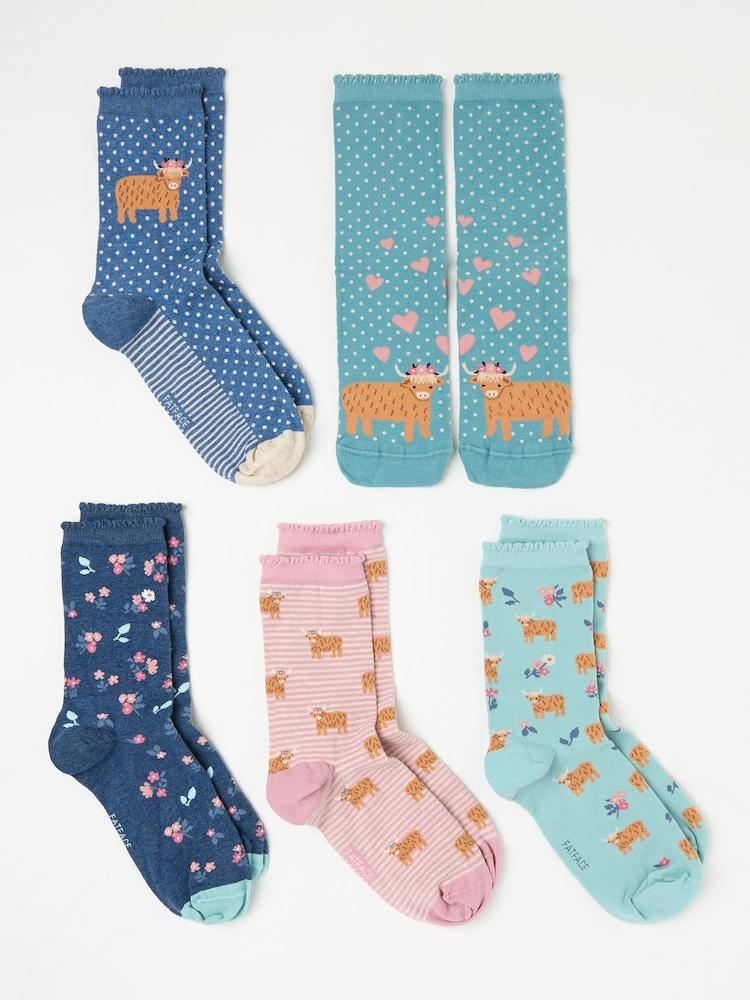 Fat Face Multi 5 Pairs Of Highland Cow Socks
