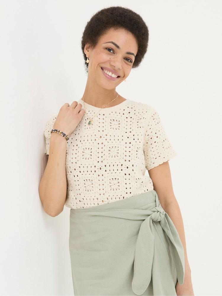 Fat Face Natural Patchwork Crochet Knit T-Shirt
