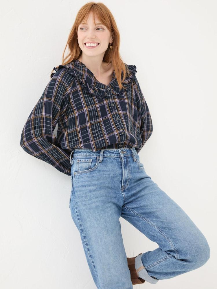 Fat Face Navy 100% Cotton Nina Ruffle Blouse