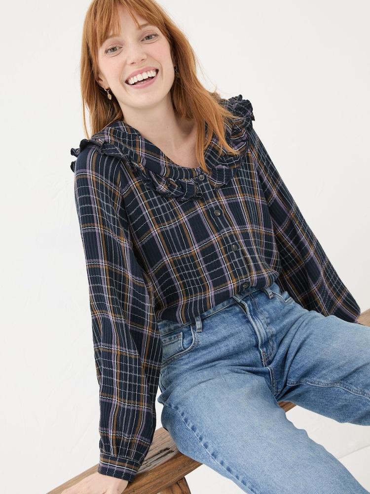 fat face Navy 100% Cotton Nina Ruffle Blouse