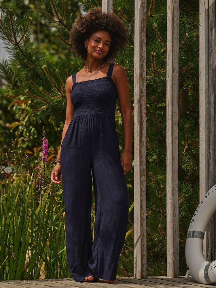 Fat Face Navy Beachwear Shirred Jumpsuit