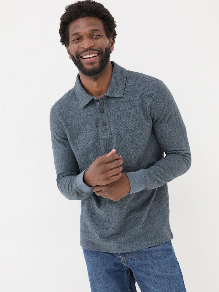 Fat Face Navy Herringbone Long Sleeve Polo Shirt