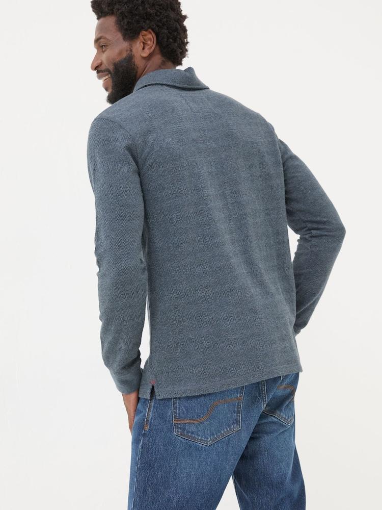 Fat Face Navy Herringbone Long Sleeve Polo Shirt