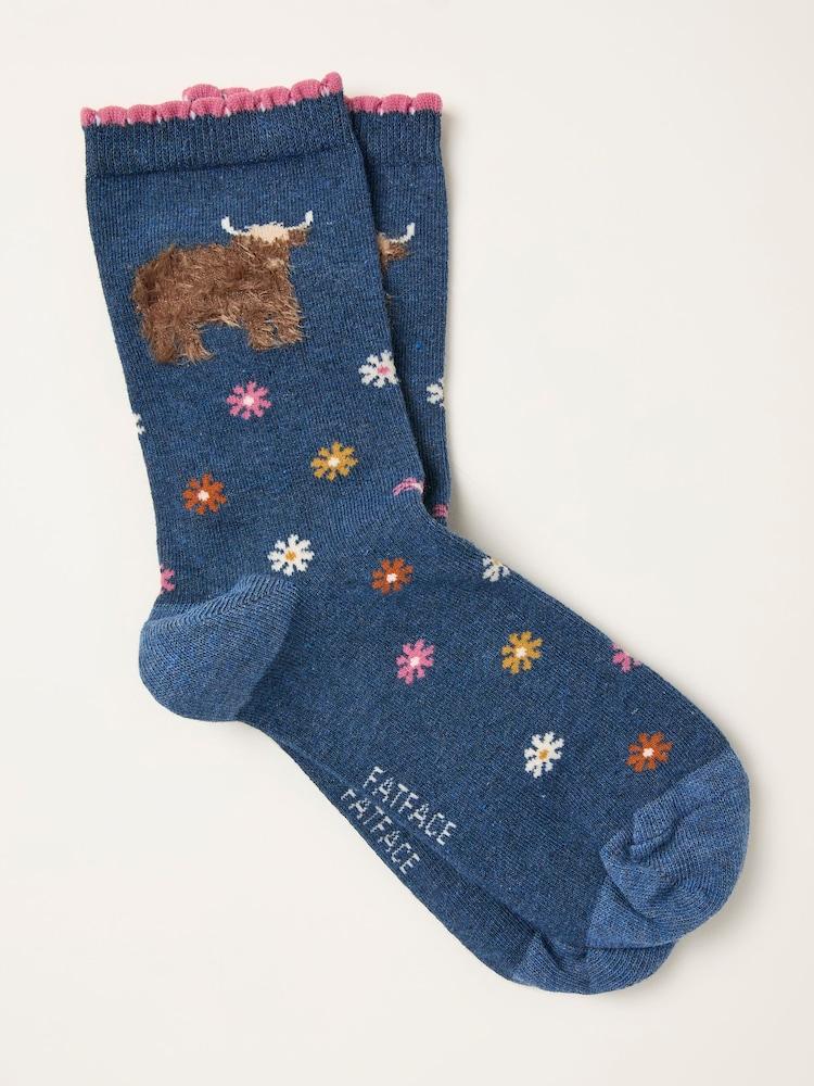 Fat Face Navy Highland Cow Socks