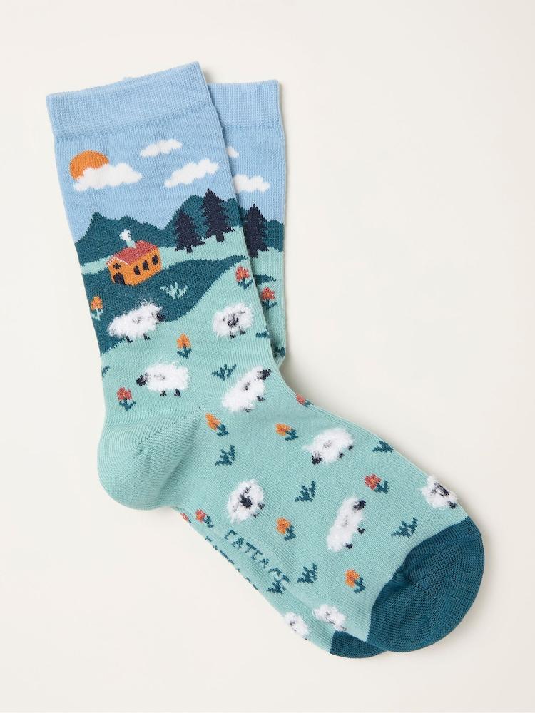 Fat Face Navy Sheep Scene Socks