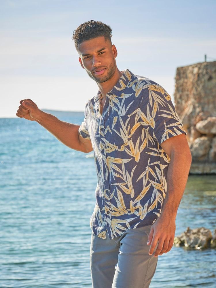 Fat Face Navy Short Sleeve Palm Print Shirt