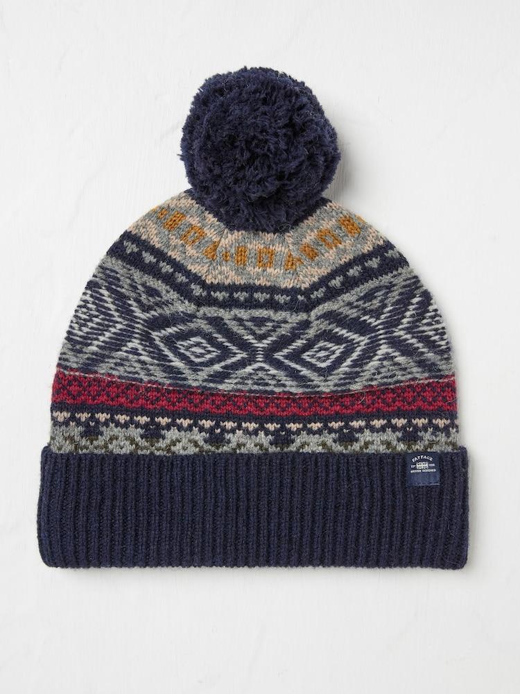 Fat Face Navy Textured Fairisle Pattern Bobble Hat