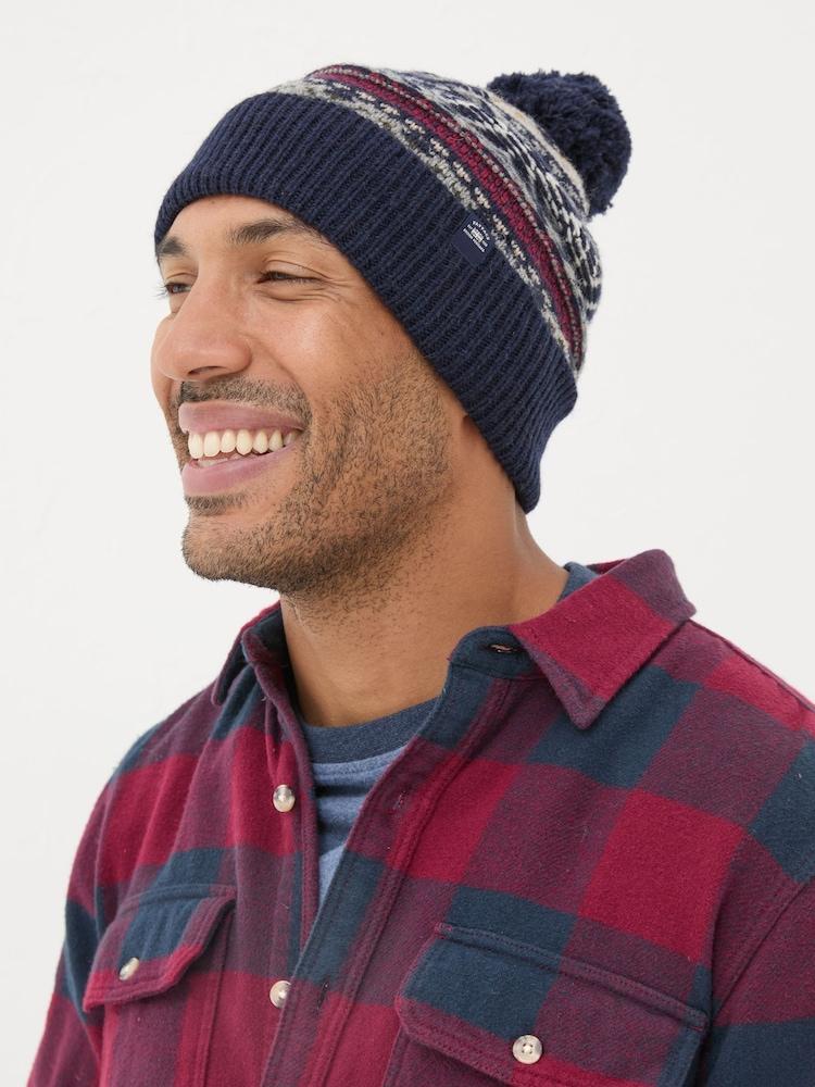 Fat Face Navy Textured Fairisle Pattern Bobble Hat
