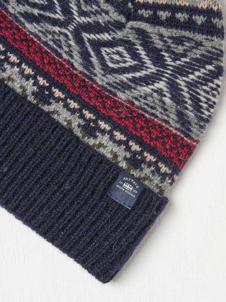 fat face Navy Textured Fairisle Pattern Bobble Hat