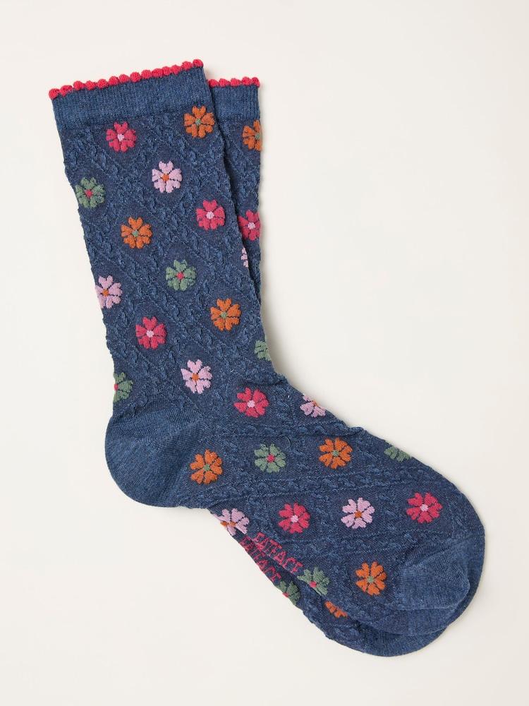 Fat Face Navy Textured Floral Socks