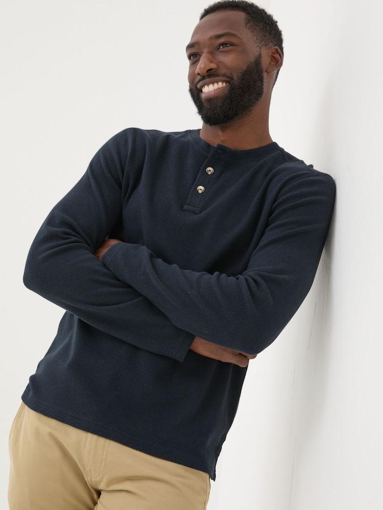 Fat Face Navy Textured Henley 100% Cotton T-Shirt