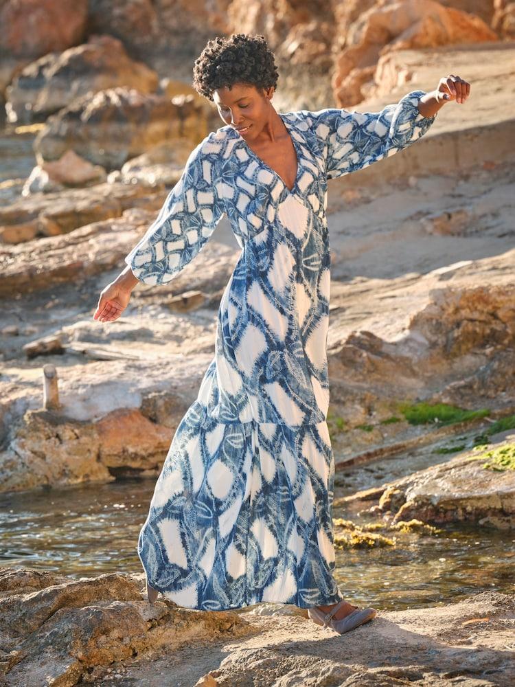 Fat Face Noelle Indigo Blue Water Leaf Maxi Dress