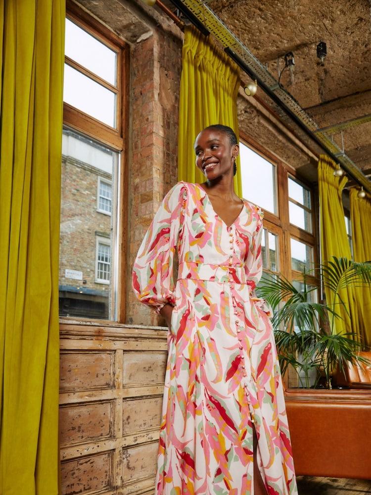 Fat Face Peony Pink Painted Leaves Maxi Dress