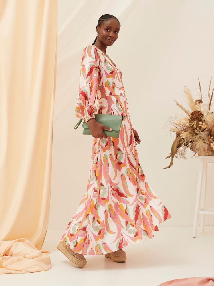 Fat Face Peony Pink Painted Leaves Maxi Dress