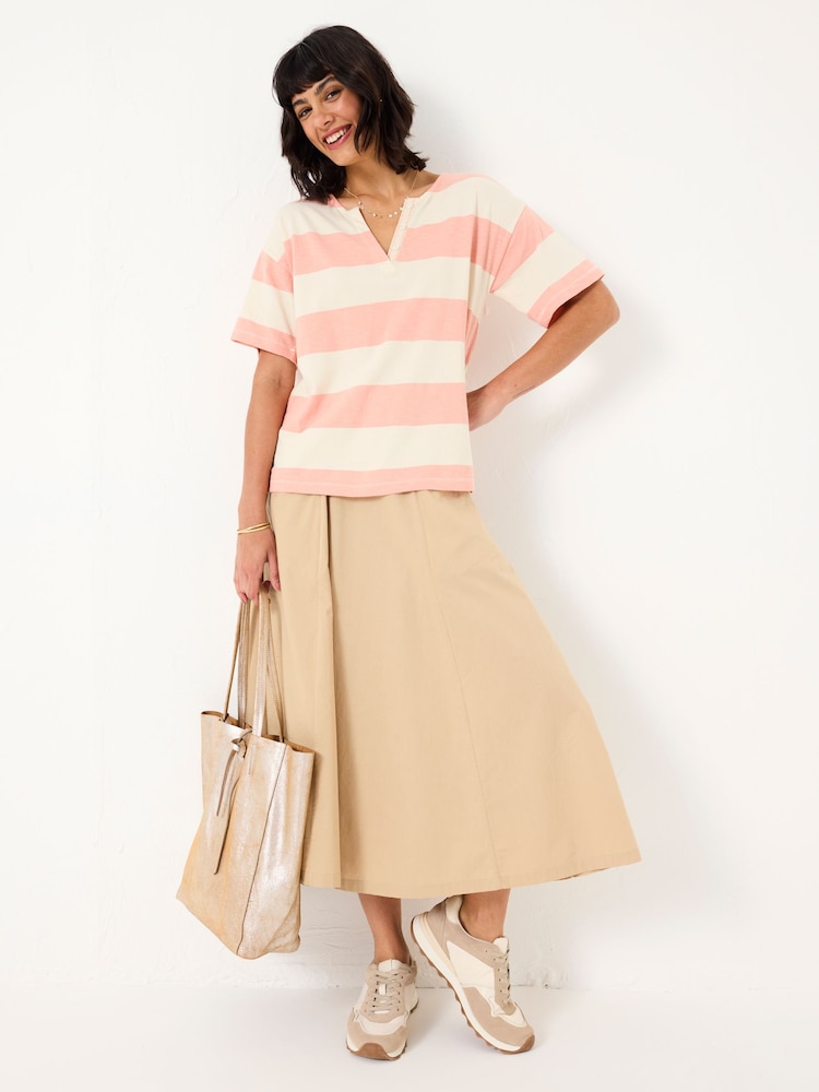 Fat Face Pink 100% Cotton Stripe Notch Neck T-Shirt