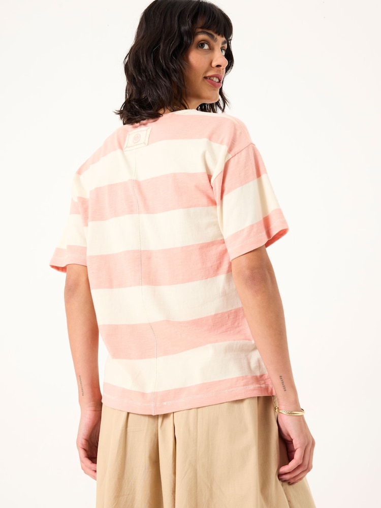 Fat Face Pink 100% Cotton Stripe Notch Neck T-Shirt