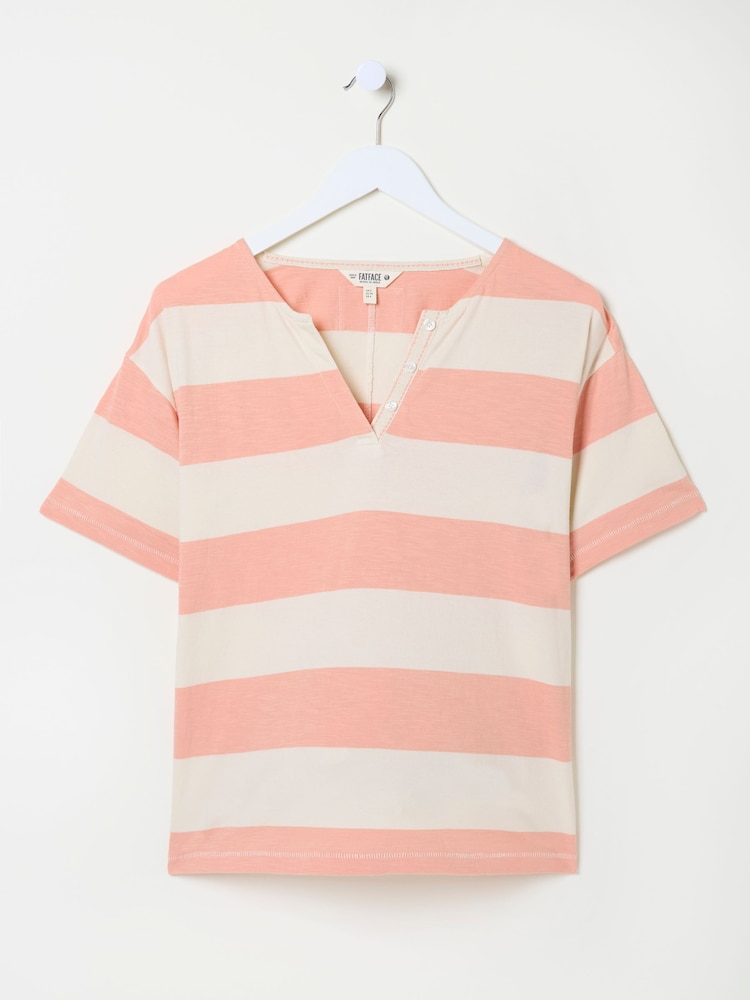 fat face Pink 100% Cotton Stripe Notch Neck T-Shirt