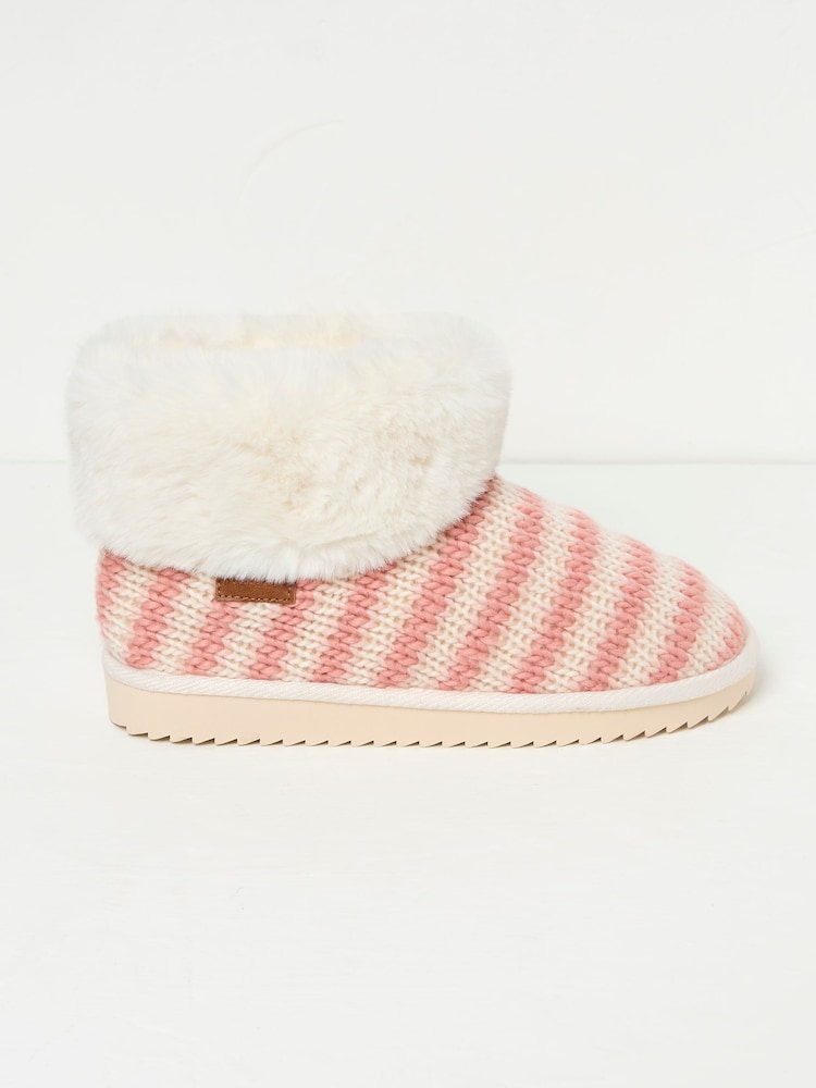 Fat Face Pink Faux Fur Cuff Knitted Slipper Boots