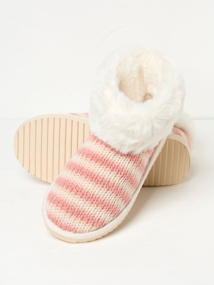 Fat Face Pink Faux Fur Cuff Knitted Slipper Boots