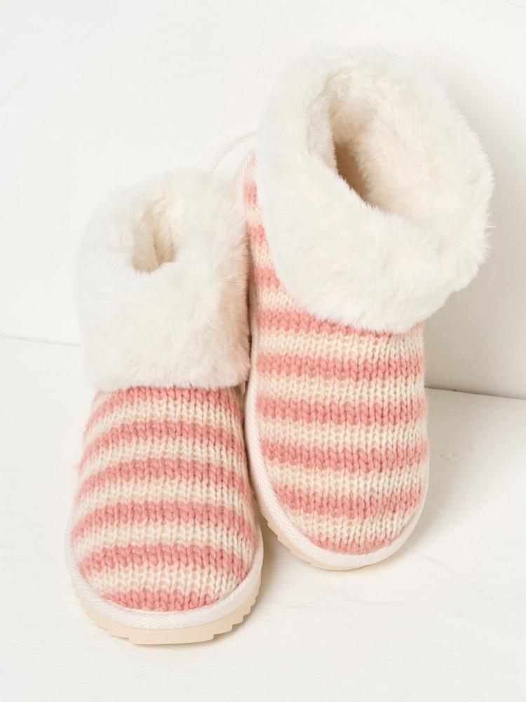 fat face Pink Faux Fur Cuff Knitted Slipper Boots