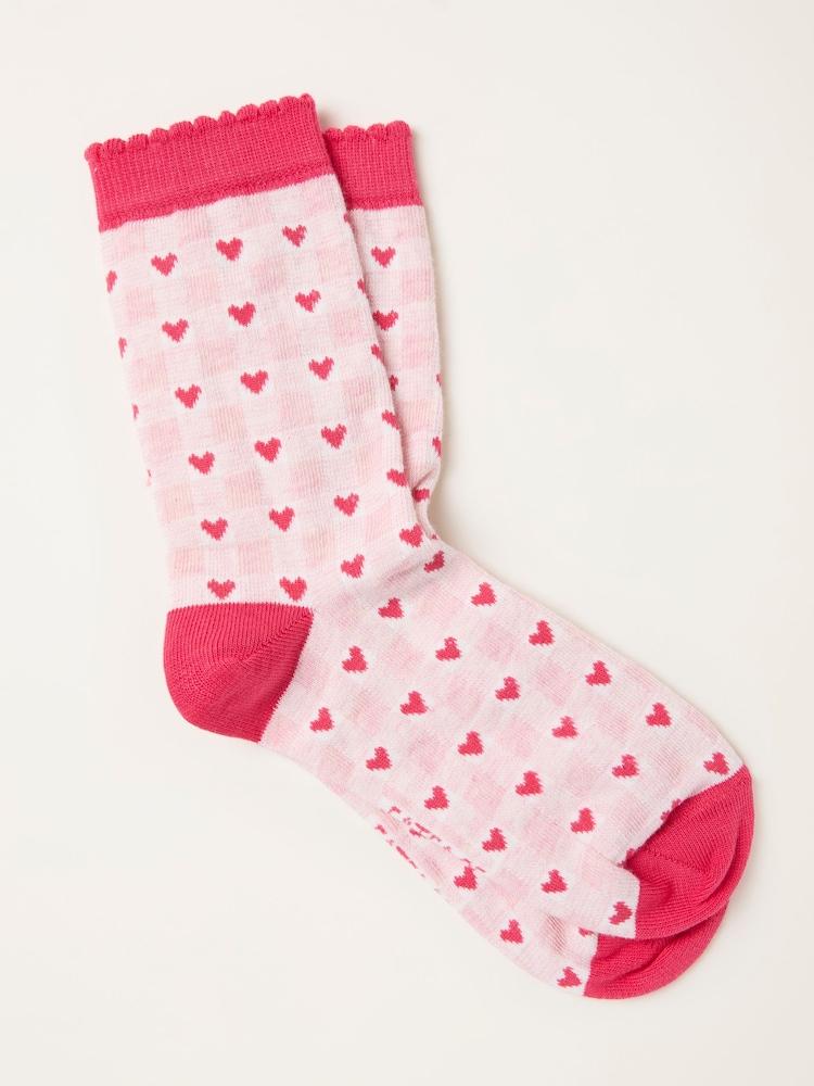 Fat Face Pink Heart Gingham Socks