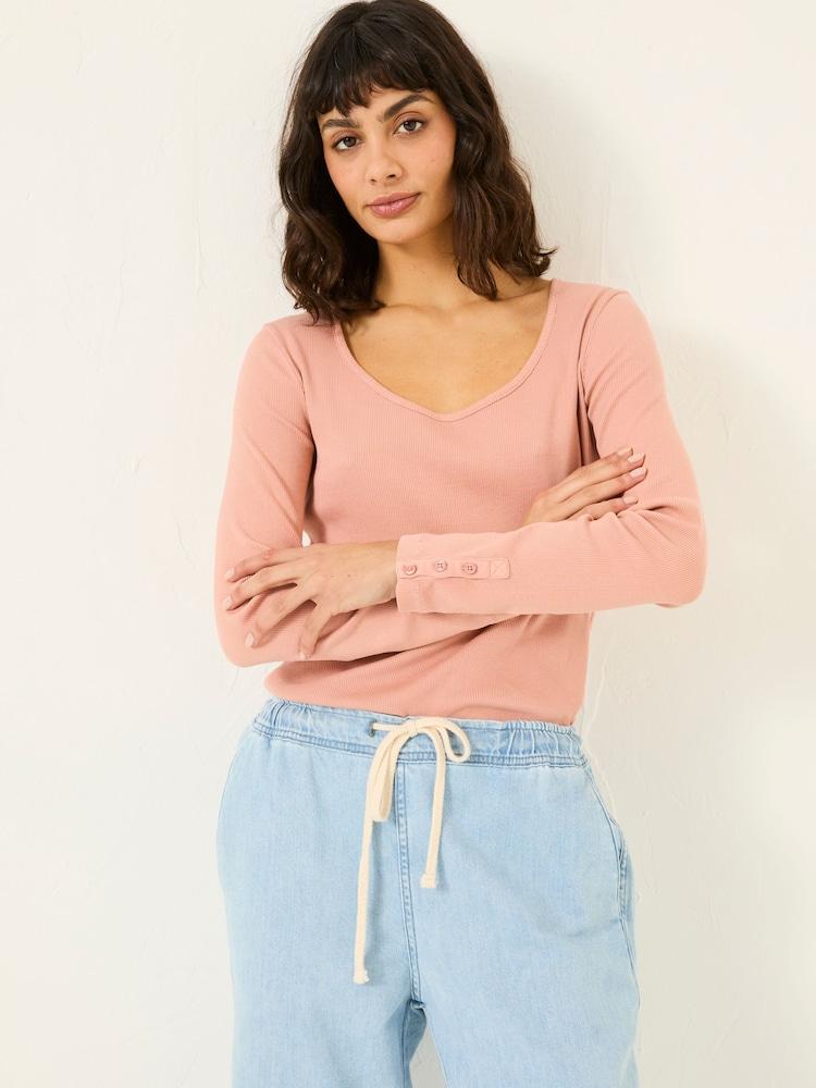 Fat Face Pink Ribbed Scoop Neck Top