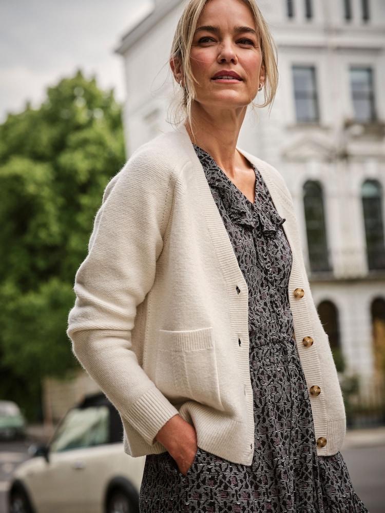 Fat Face Polly Chalk White V Neck Knitted Cardigan