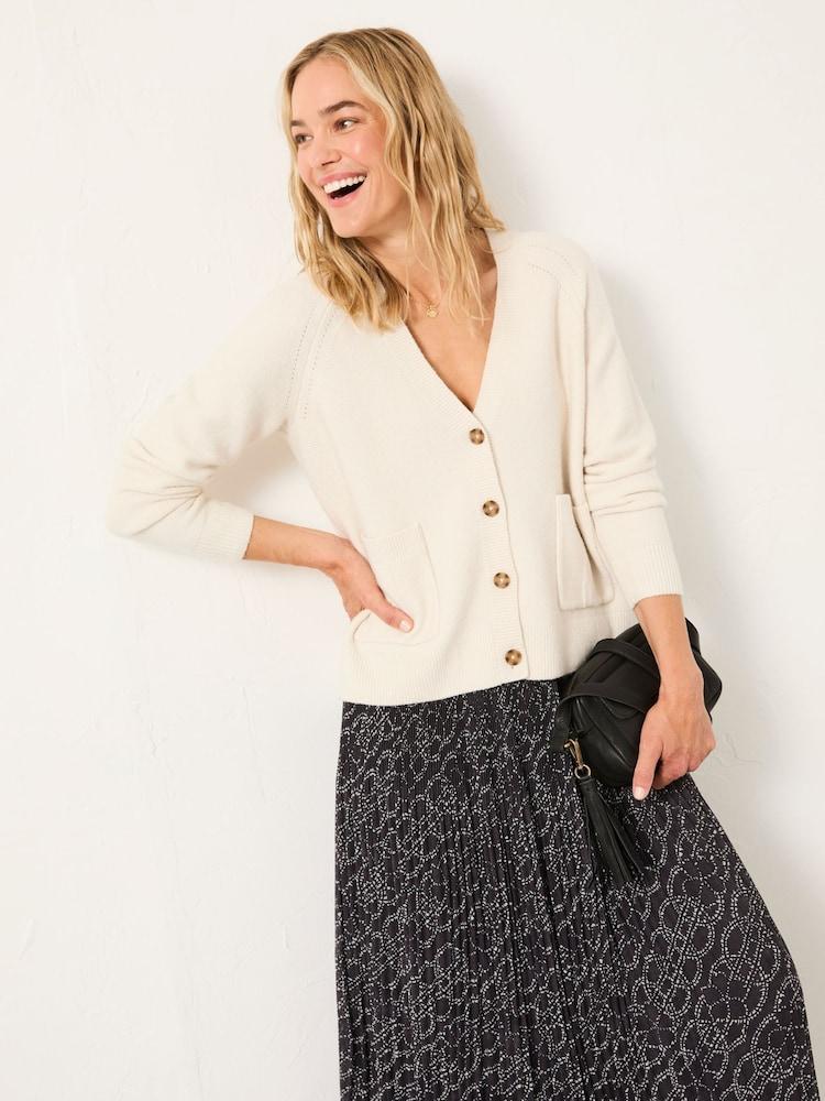 Fat Face Polly Chalk White V Neck Knitted Cardigan