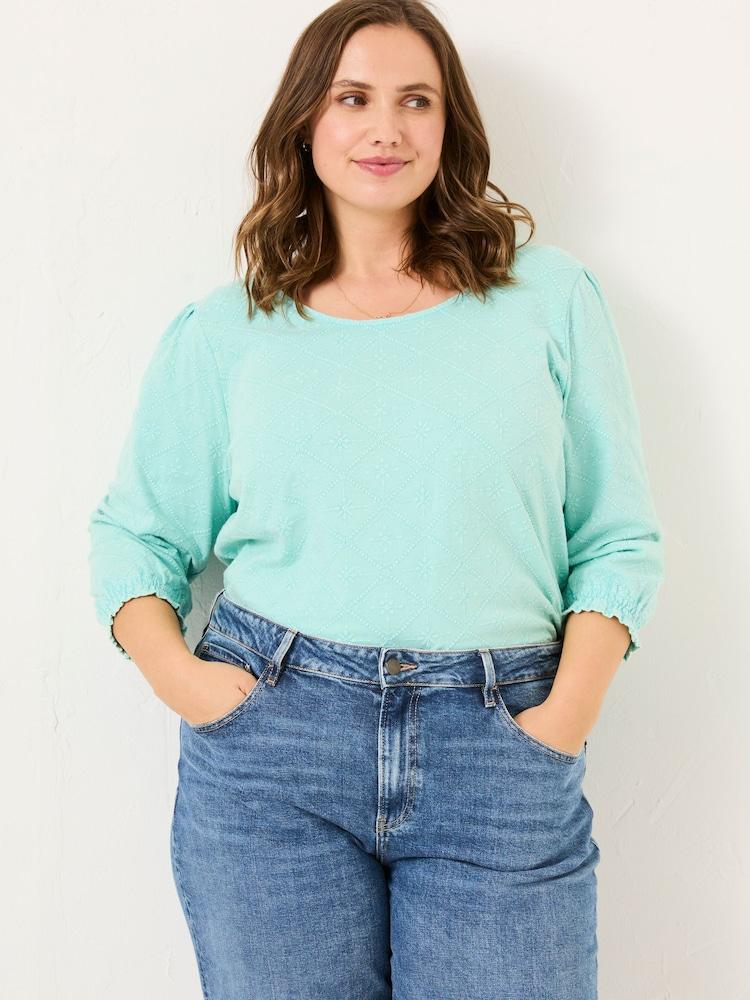 Fat Face Polly Light Teal Broderie Top