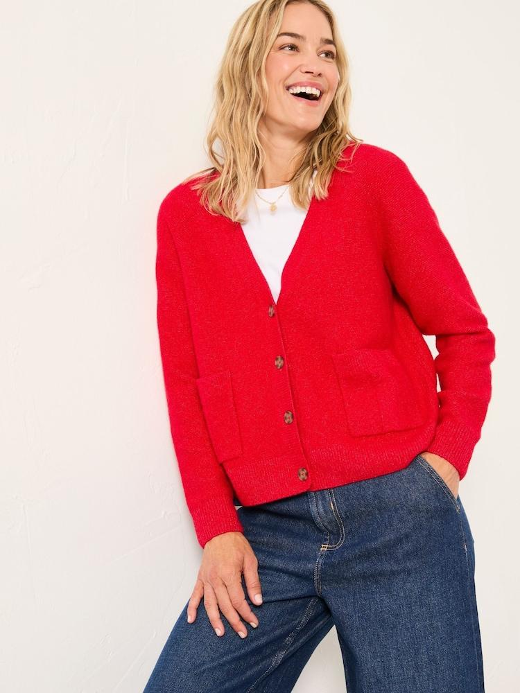 Fat Face Polly Red V Neck Knitted Cardigan