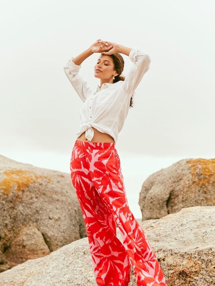 Fat Face Red Ikat Leaves Palazzo Trousers