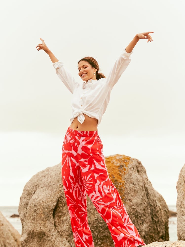 Fat Face Red Ikat Leaves Palazzo Trousers