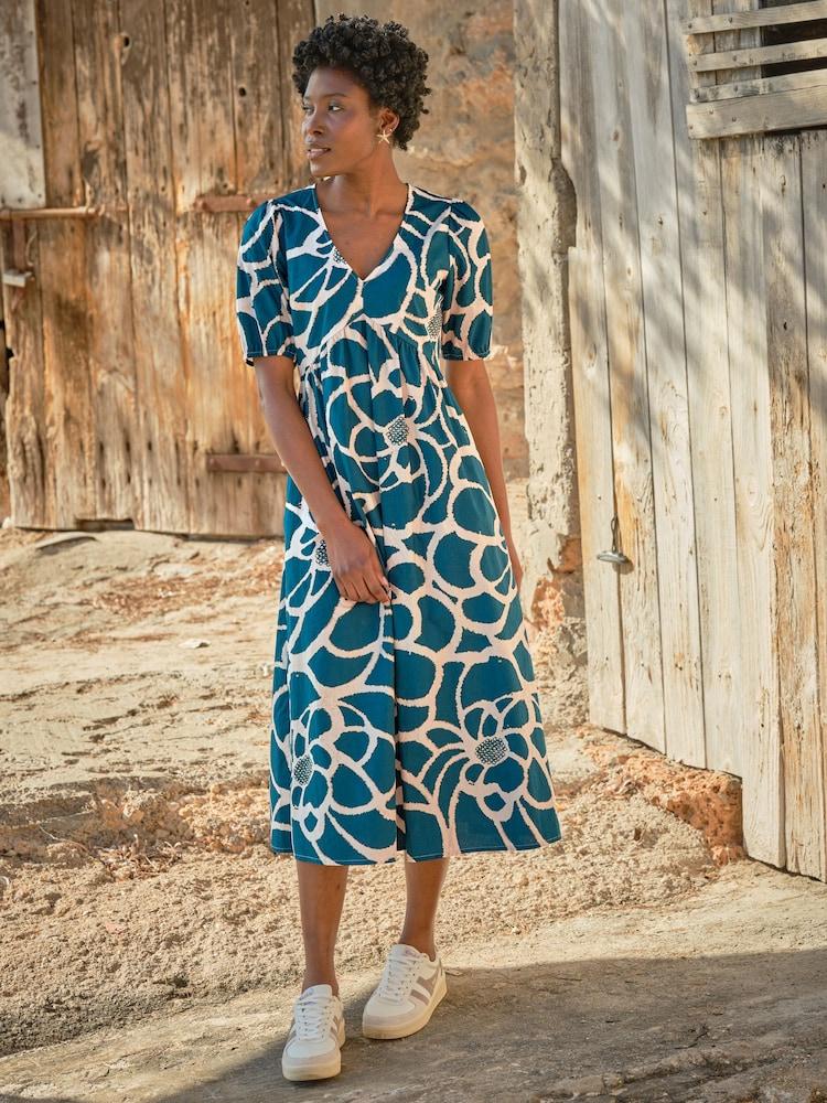 Fat Face Remi Teal Blue Shibori Midi Dress