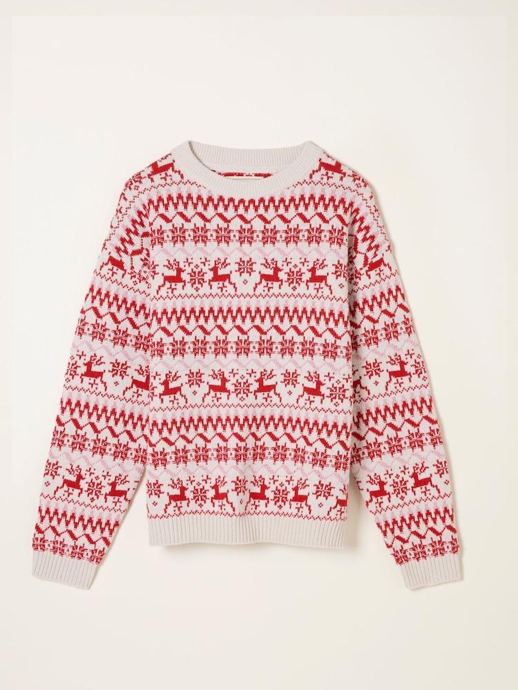 fat face Renee Red Reindeer Knitted Crew Jumper
