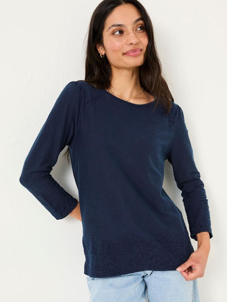 Fat Face Ria Navy Broderie 100% Cotton Top