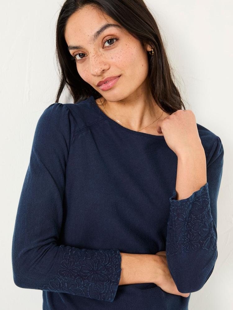 Fat Face Ria Navy Broderie 100% Cotton Top