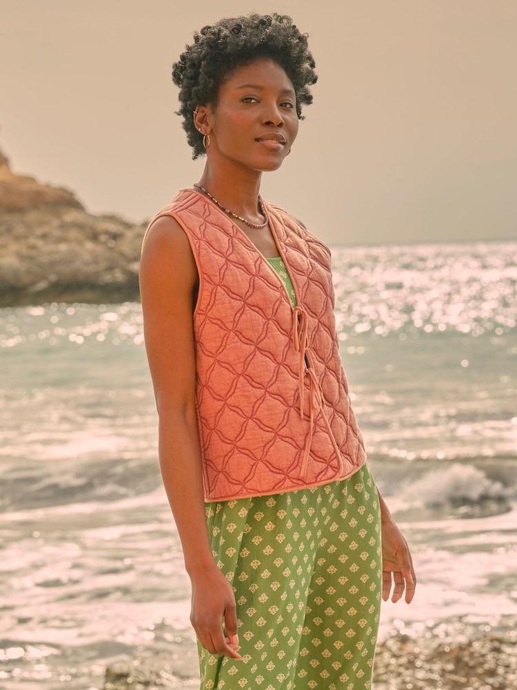 Fat Face Rose Pink Quilted Tie Front Waistcoat