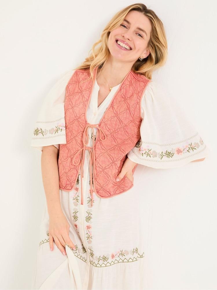 Fat Face Rose Pink Quilted Tie Front Waistcoat