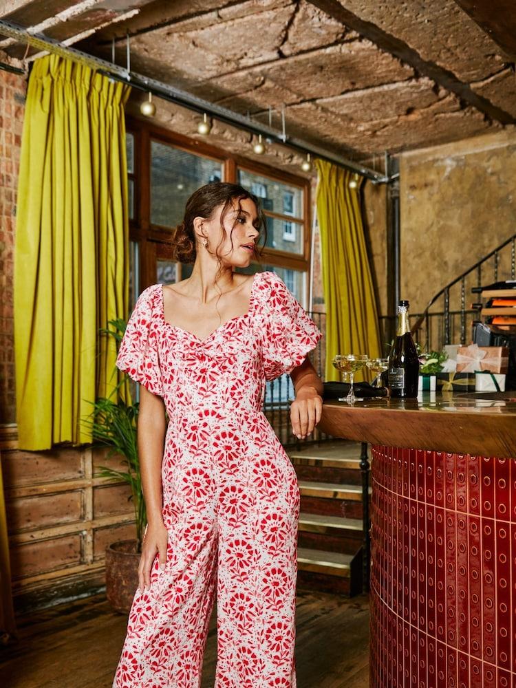 Fat Face Rose Red/White Floral Tile Jumpsuit