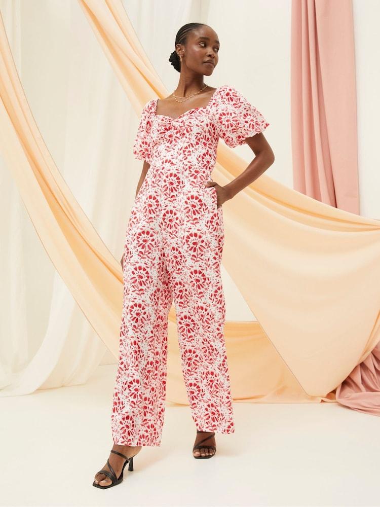Fat Face Rose Red/White Floral Tile Jumpsuit