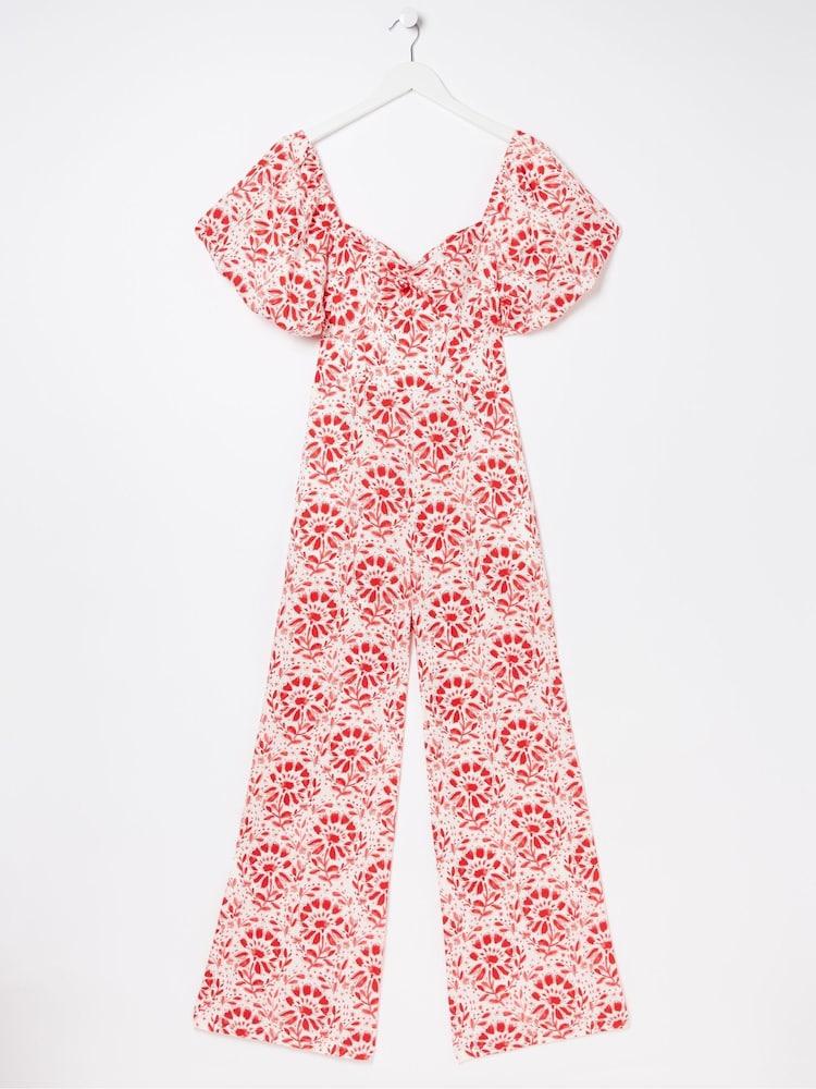 fat face Rose Red/White Floral Tile Jumpsuit
