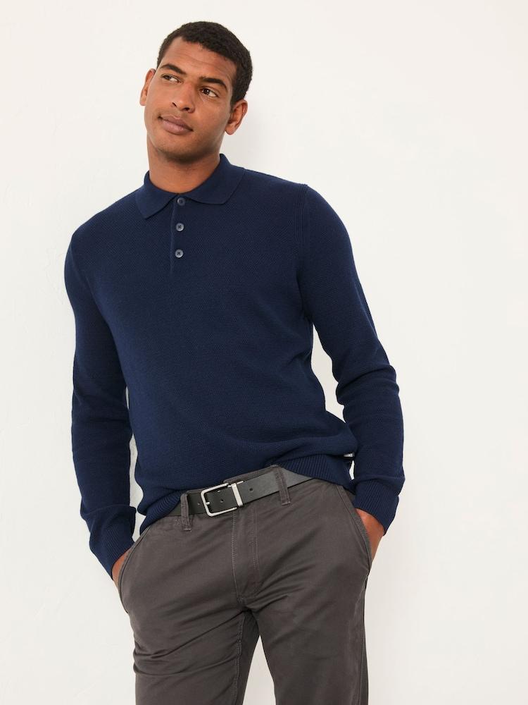 Fat Face Row Navy Textured Knitted Button Polo