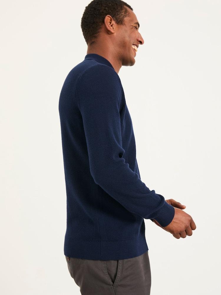 Fat Face Row Navy Textured Knitted Button Polo