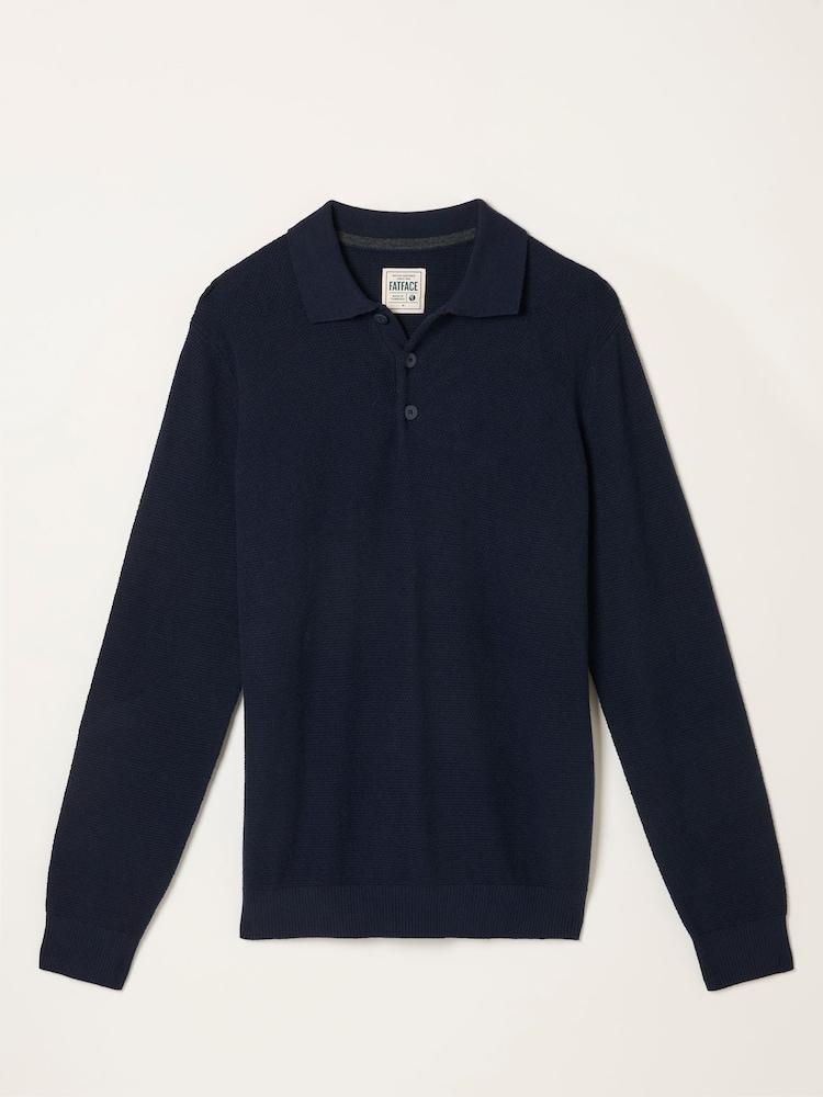 fat face Row Navy Textured Knitted Button Polo