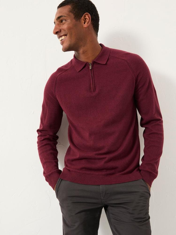 Fat Face Rye Claret Zip Collar Knitted Polo Jumper