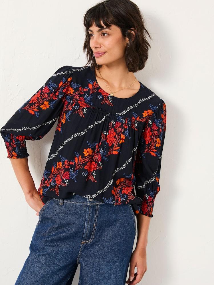 Fat Face Shelley Navy Folk Floral Blouse
