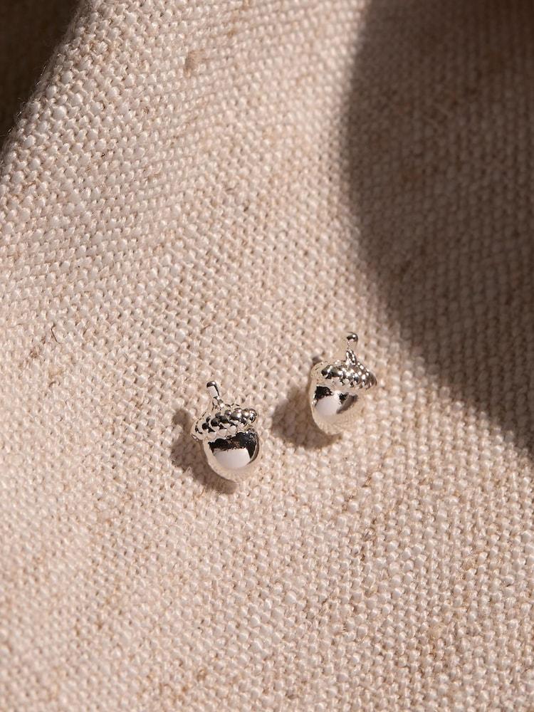 Fat Face Silver Tone Acorn Stud Earrings