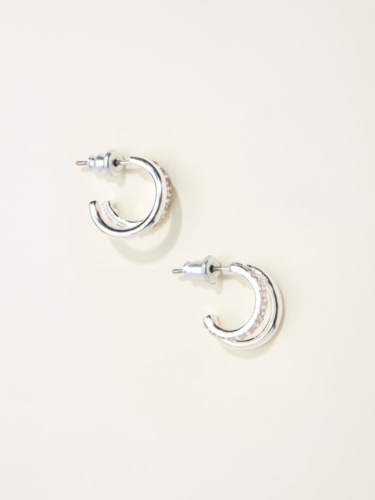 Fat Face Silver Tone Gem Double Huggie Earrings