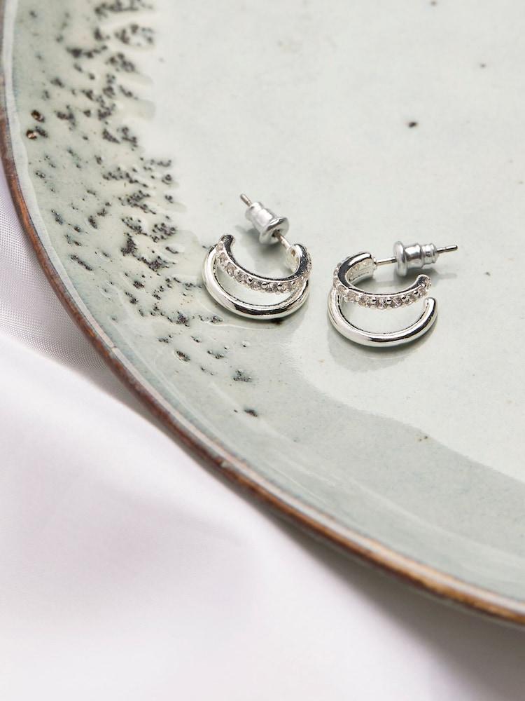 fat face Silver Tone Gem Double Huggie Earrings